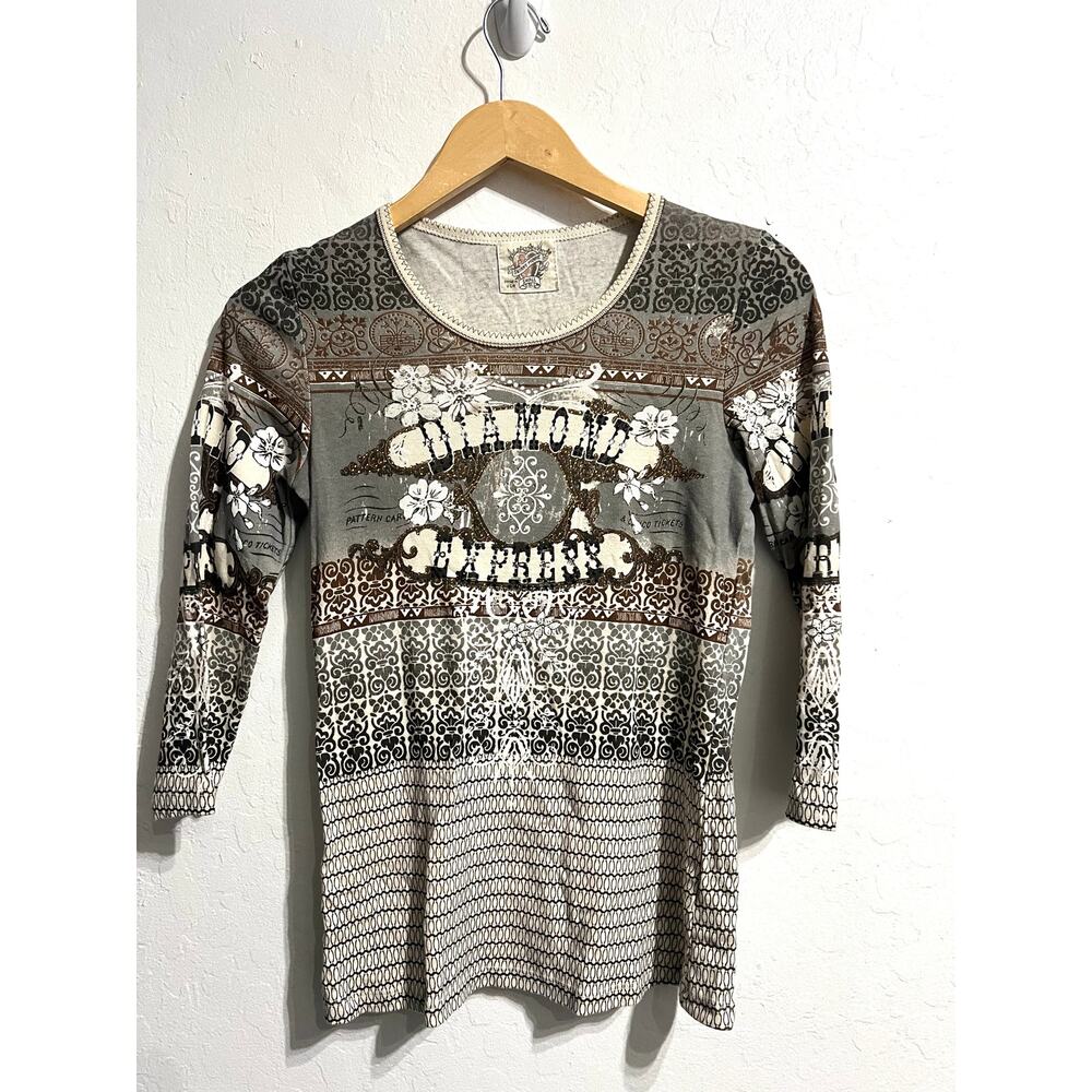 Vintage Skinny Minnie Shirt Small Western Rodeo Rhinestone Gray 3/4 Sleeves Y2K
